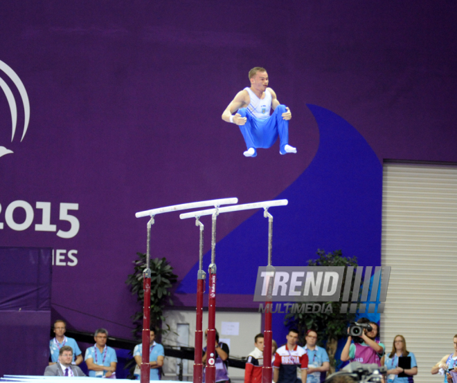 Azərbaycan gimnastı Oleq Stepko Avropa Oyunlarında paralel qollarda hərəkətlərdə qızıl medal qazandı. Bakı, Azərbaycan, 20 iyun 2015